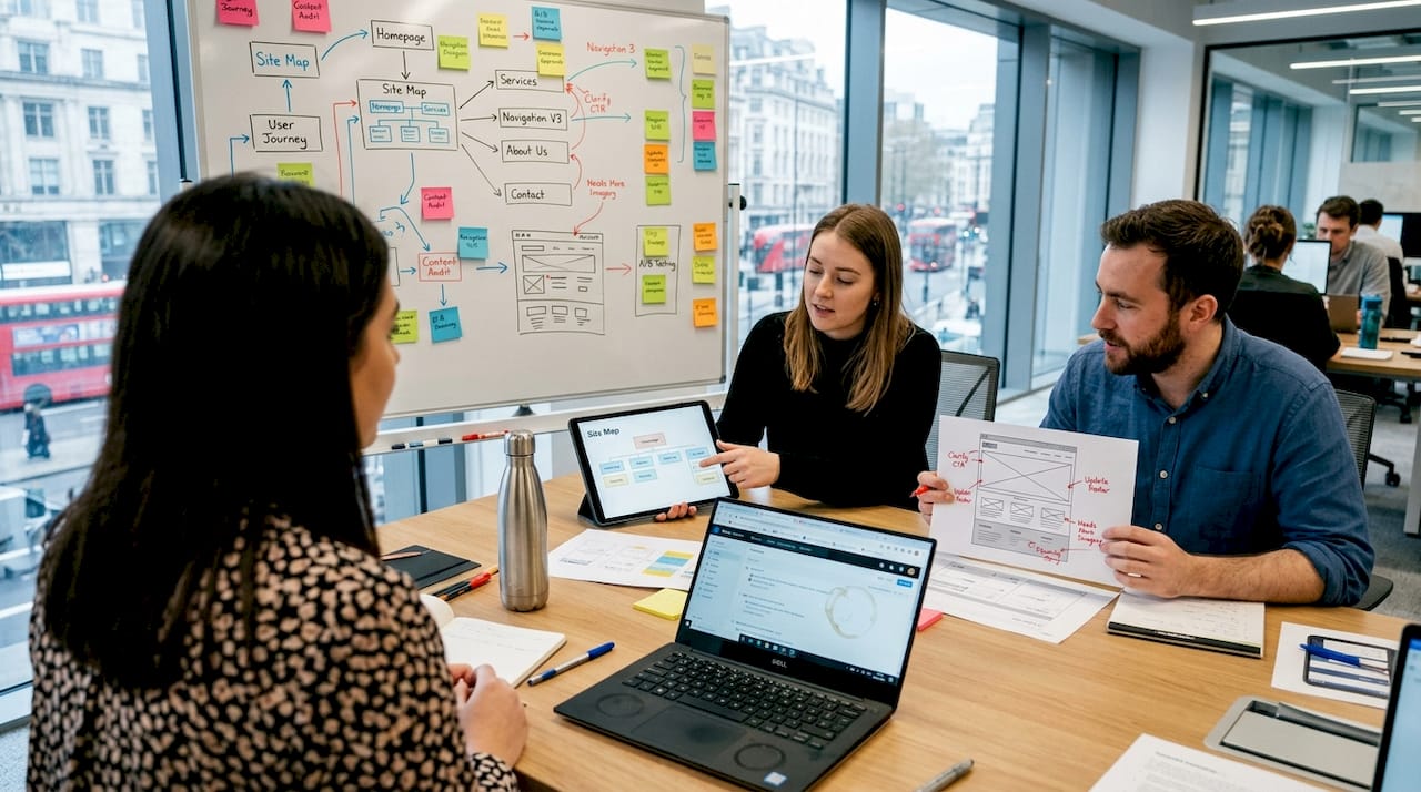 Team planning website redesign with whiteboard