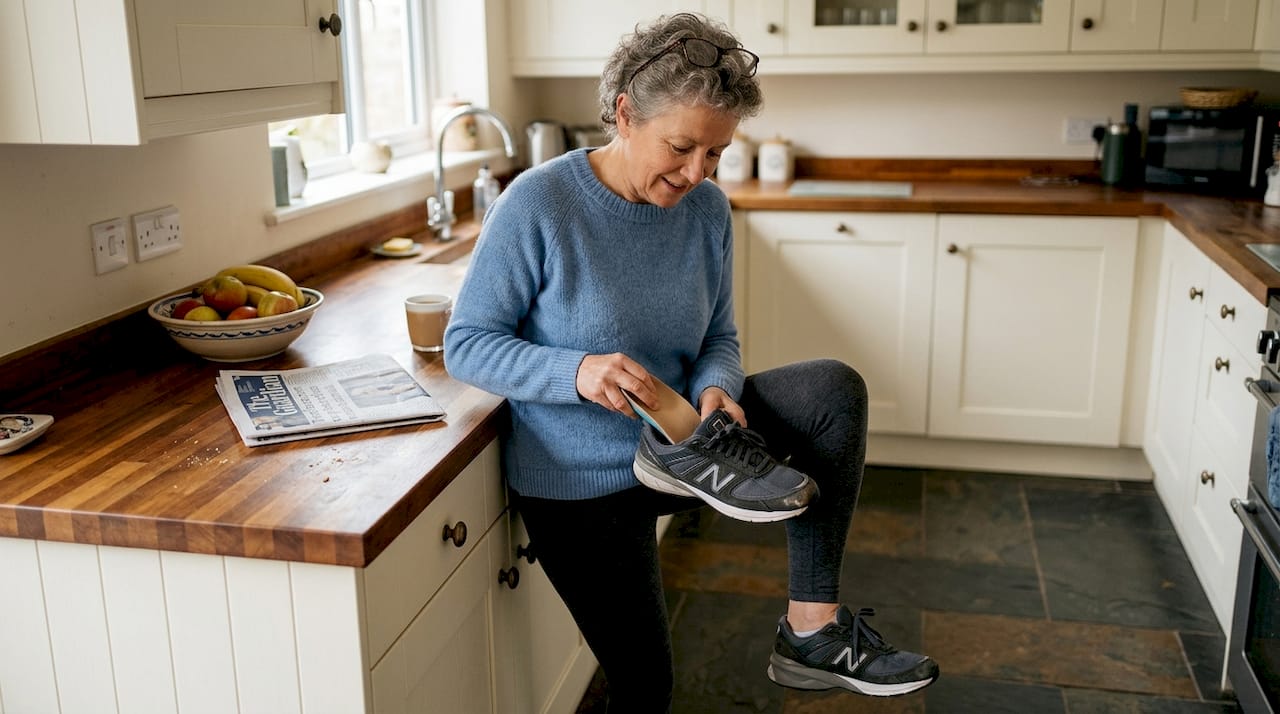 Woman fitting custom orthotic in kitchen shoe