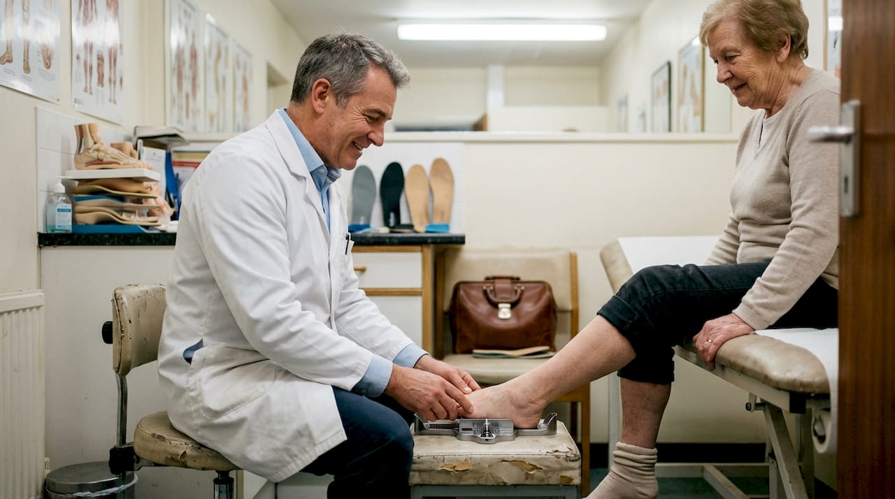 Podiatrist measures senior patient’s foot in clinic
