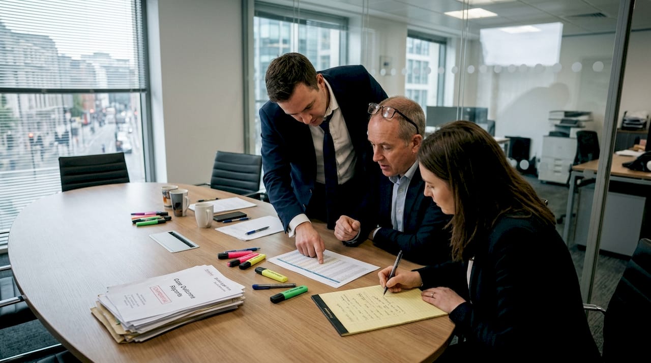 Legal team analyzing case outcome documents