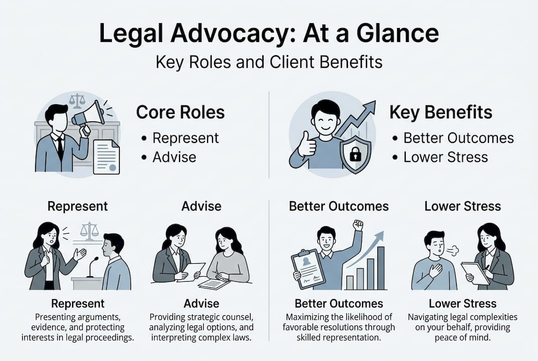 Infographic summarizing legal advocacy roles and benefits