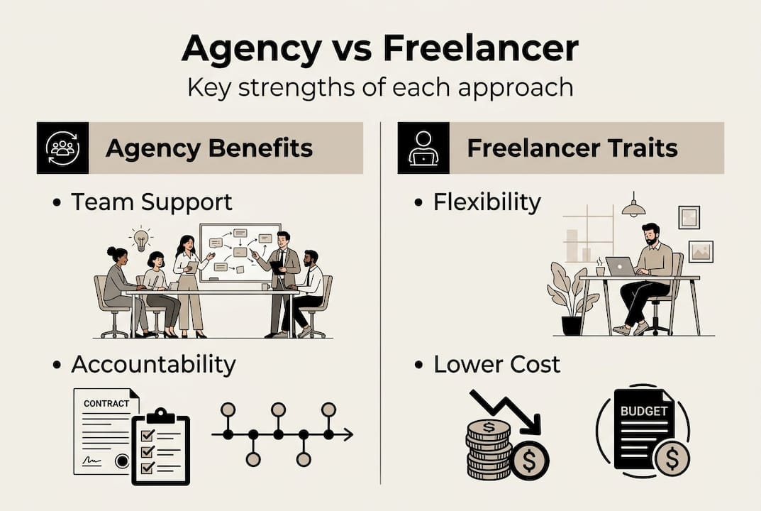 Infographic comparing agency and freelancer benefits