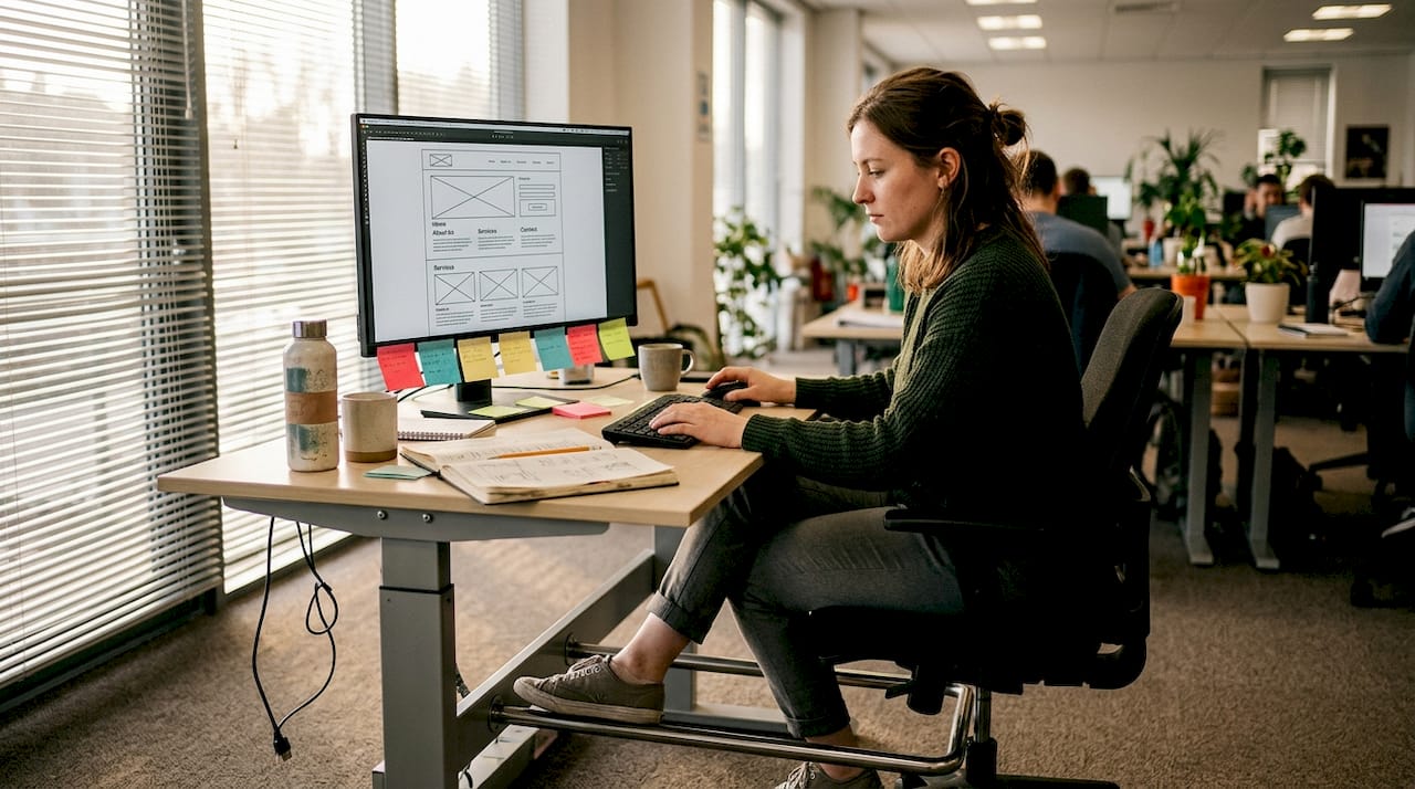 Web designer editing site mockup at desk