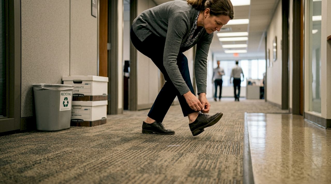 Office worker adjusting loose shoe while walking