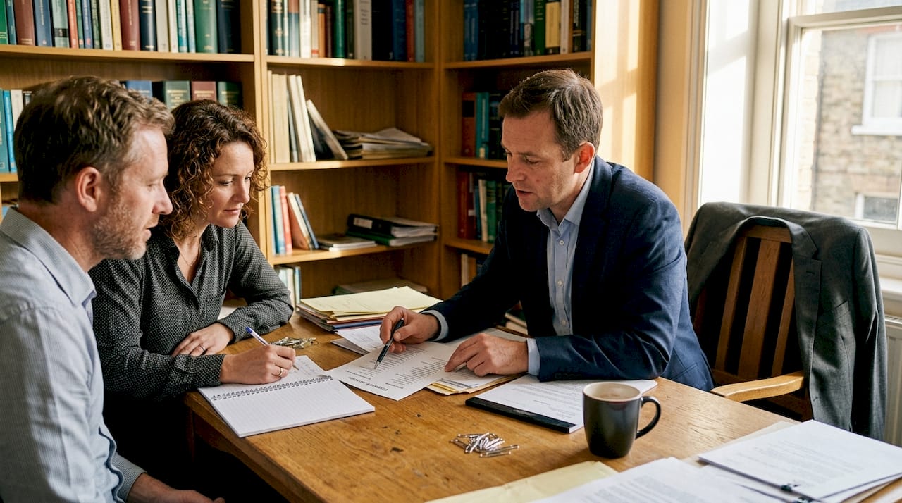 Solicitor reviewing contract and fixtures list with clients