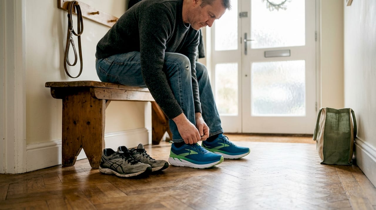 Man tying cushioned shoes in hallway
