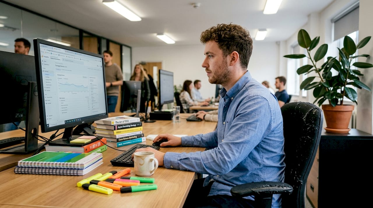 Generalist marketer juggling multiple tasks at desk