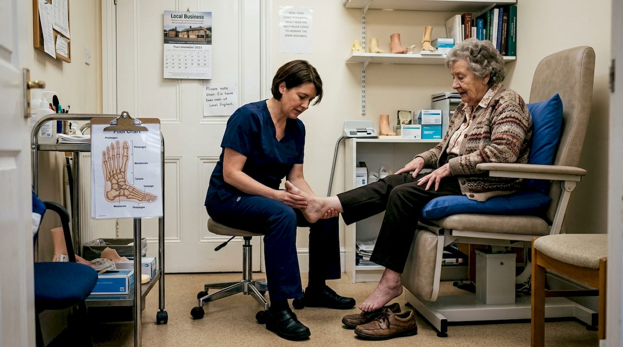 Podiatrist examines patient’s foot for shoe damage