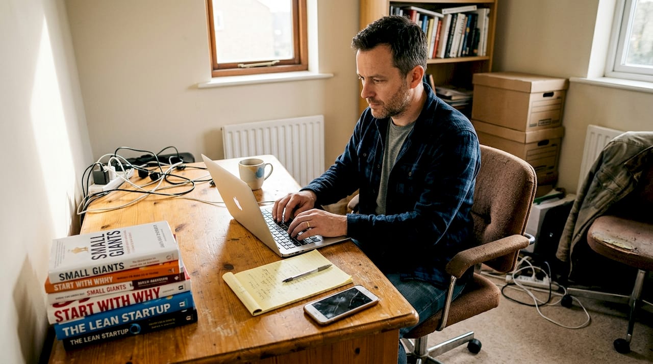 Entrepreneur planning marketing at cluttered desk