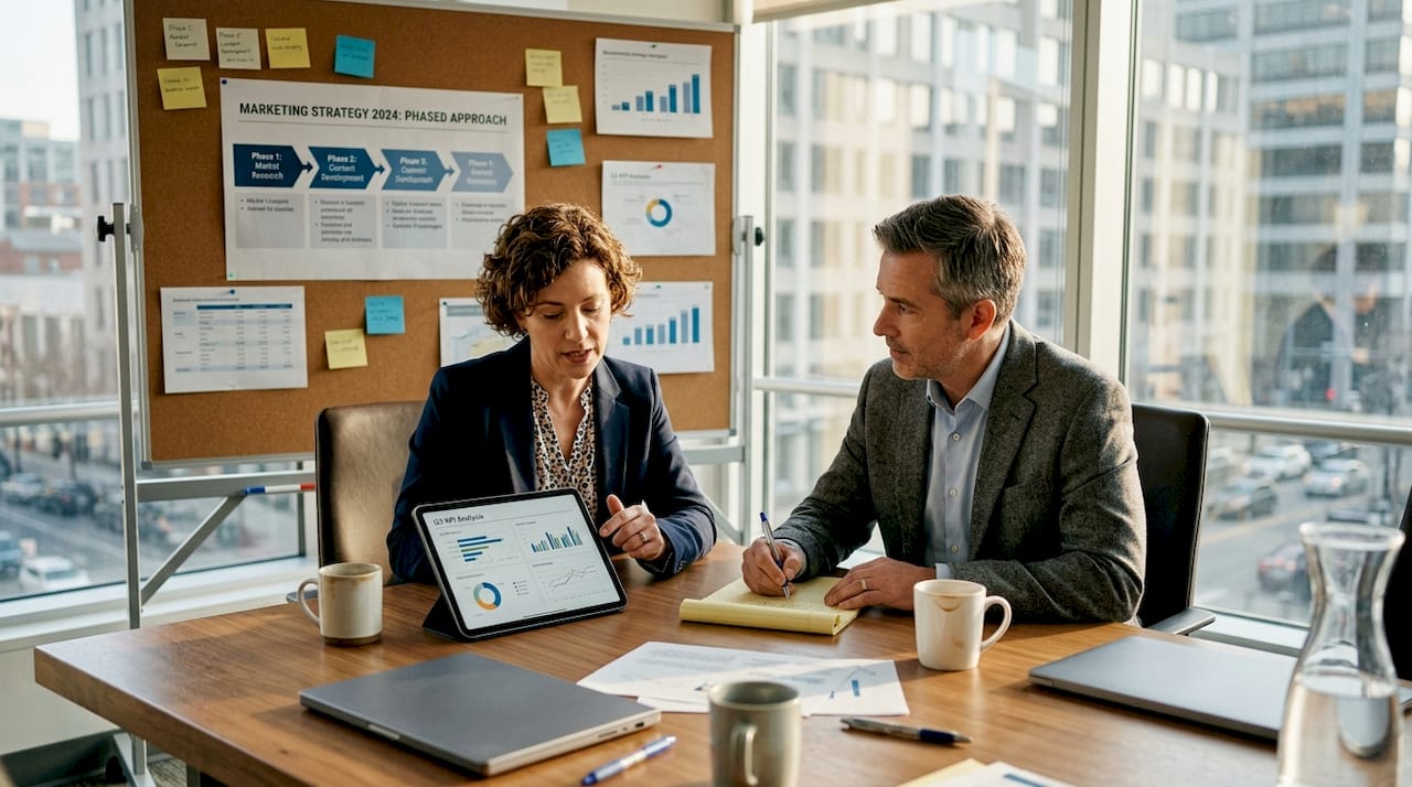 Team collaborating on marketing strategy framework