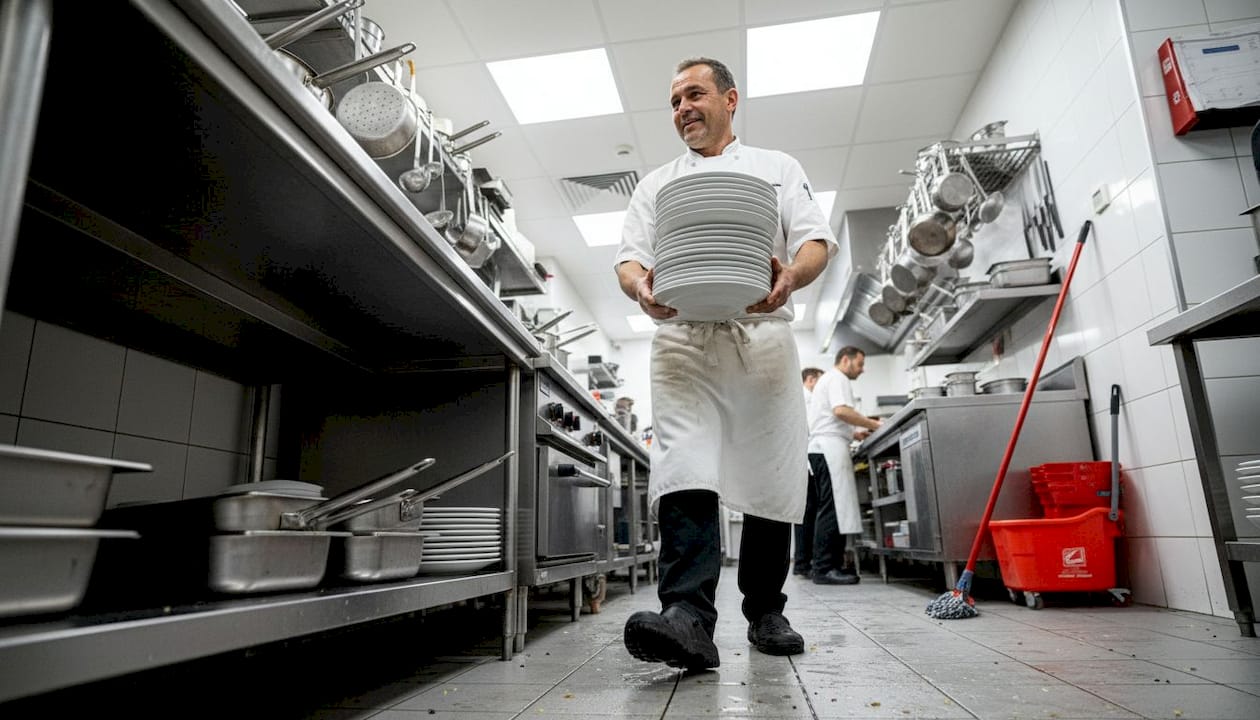 Kitchen worker with anti-slip shoes in use