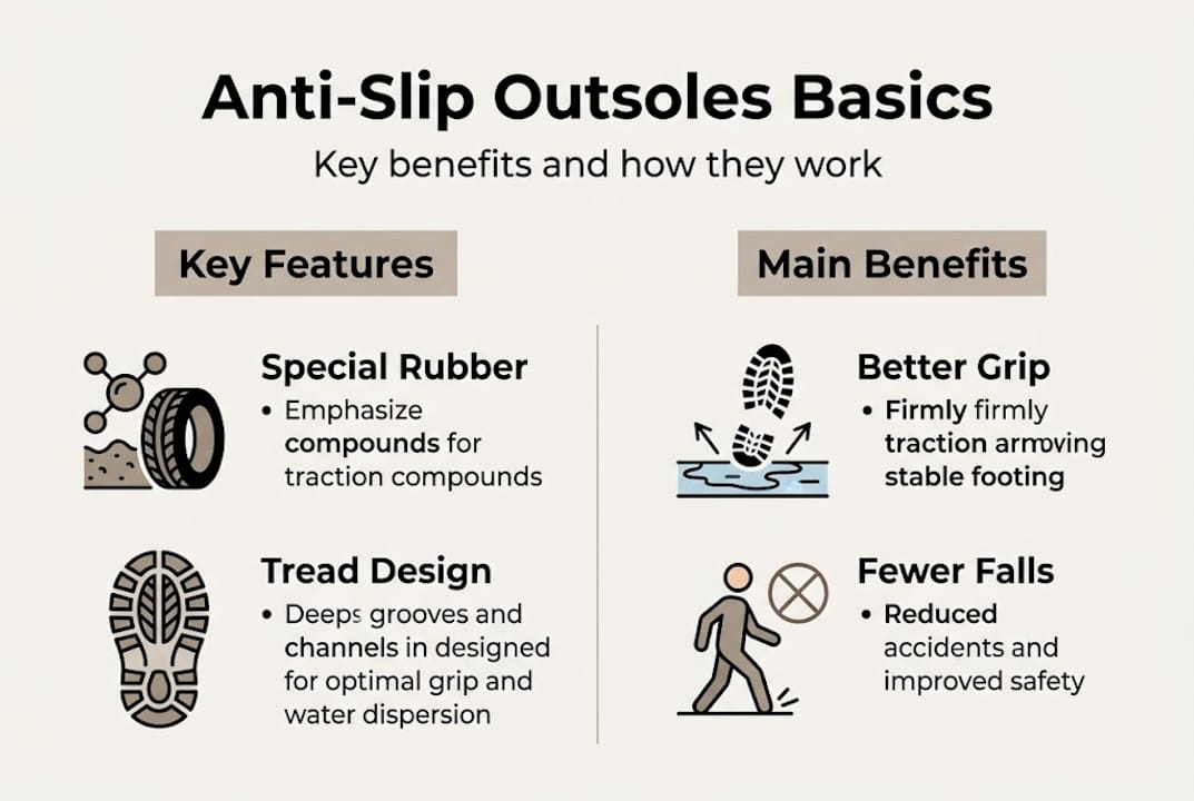 Infographic of anti-slip outsole features and benefits