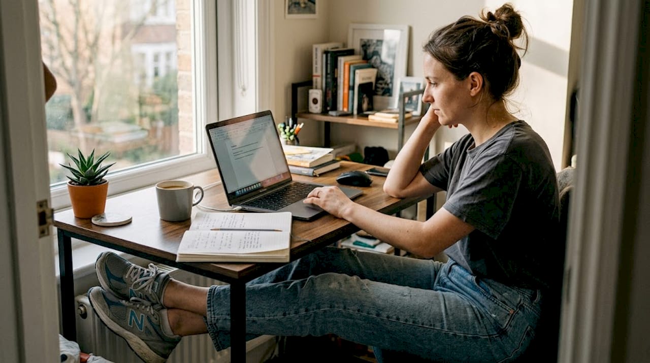 Office worker stretching feet in mesh sneakers