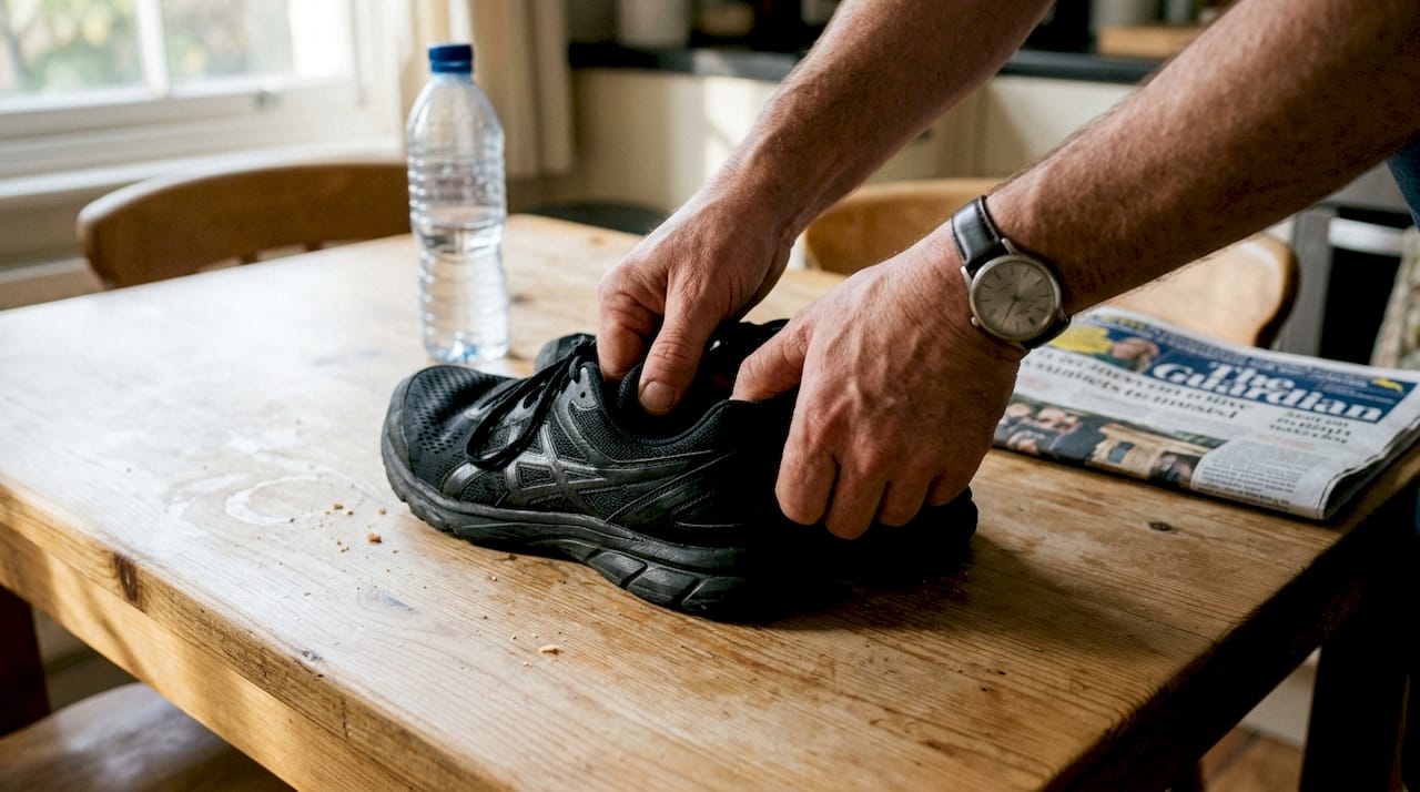 Hands checking shoe heel stability