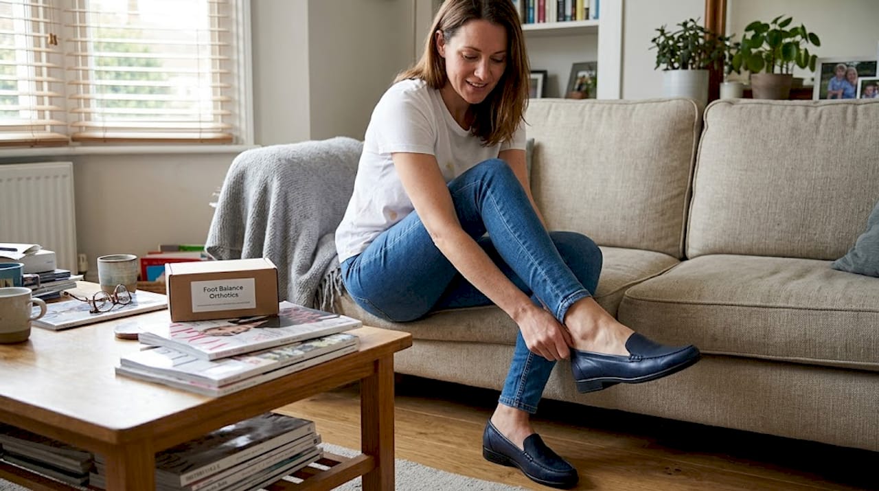 Woman puts on stylish orthopedic loafers