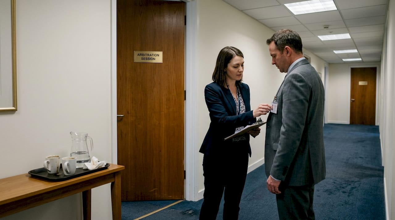 Staff checks badges at confidential hearing room