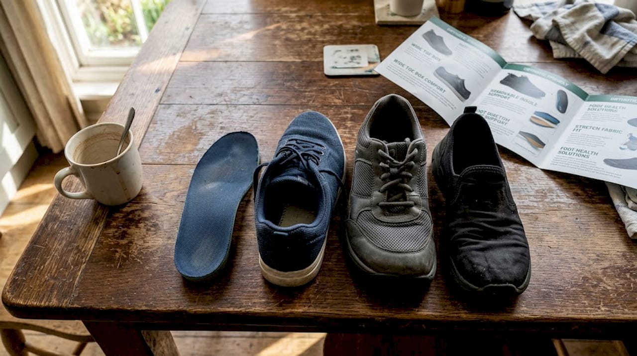 Three orthotic-friendly shoes close-up on table