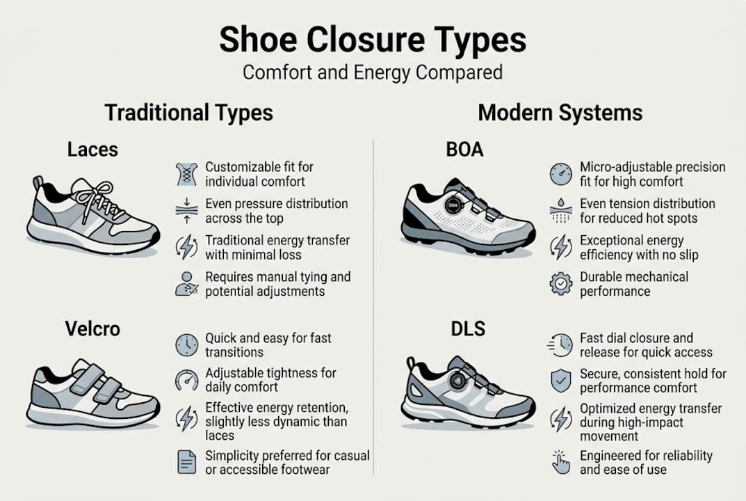 Infographic comparing shoe closure systems