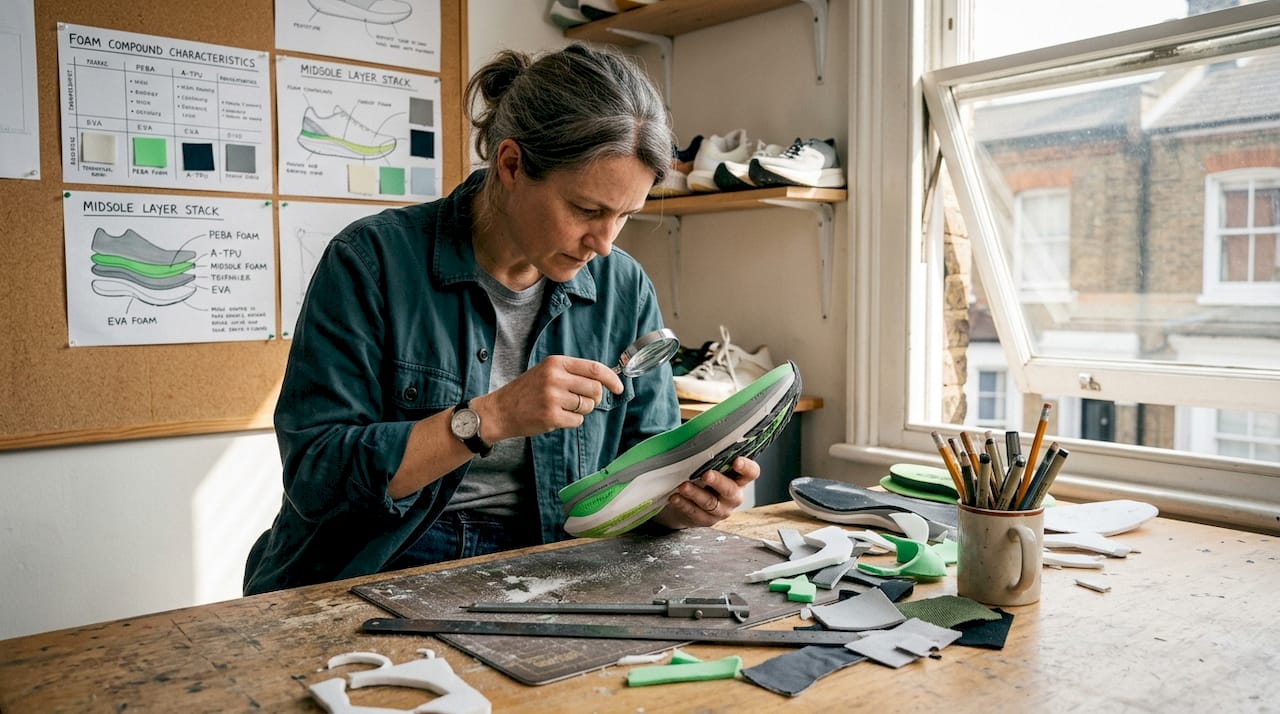 Technician examining shoe sole materials