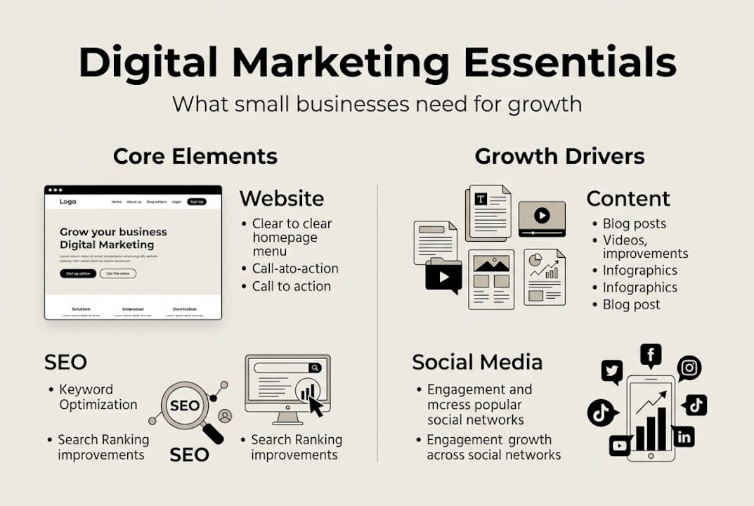 Infographic showing digital marketing essentials