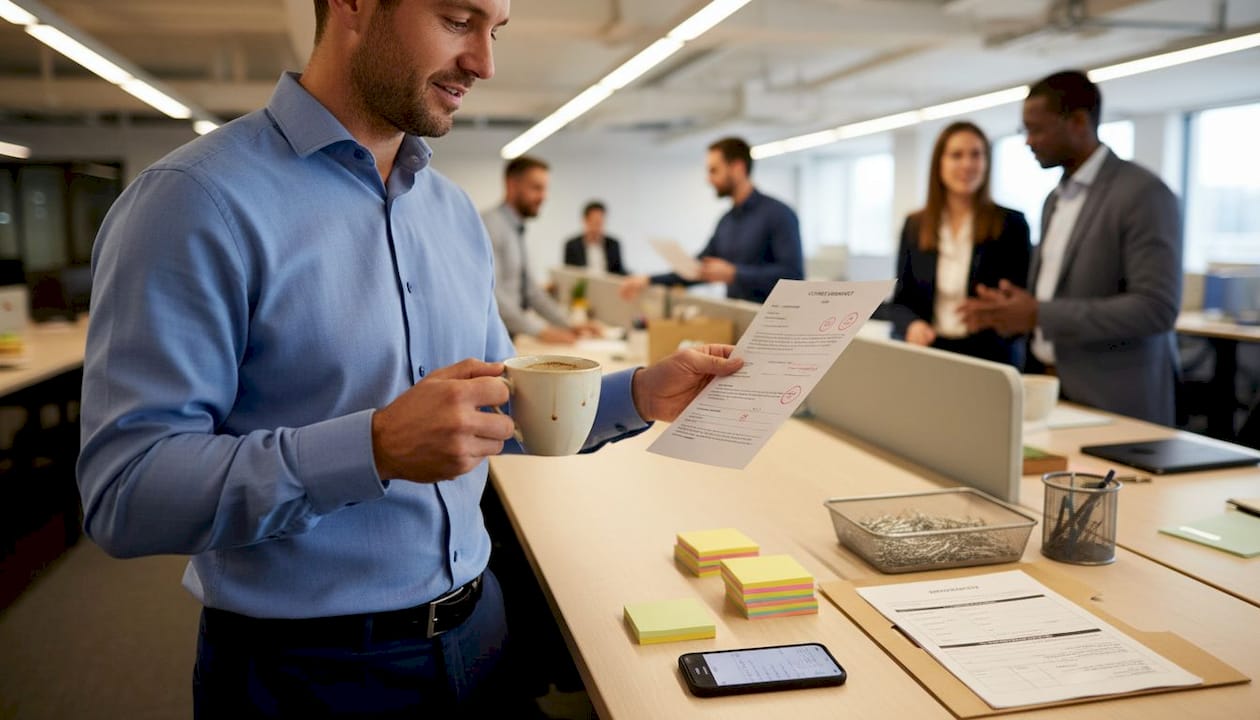 Manager reviewing contract at office desk