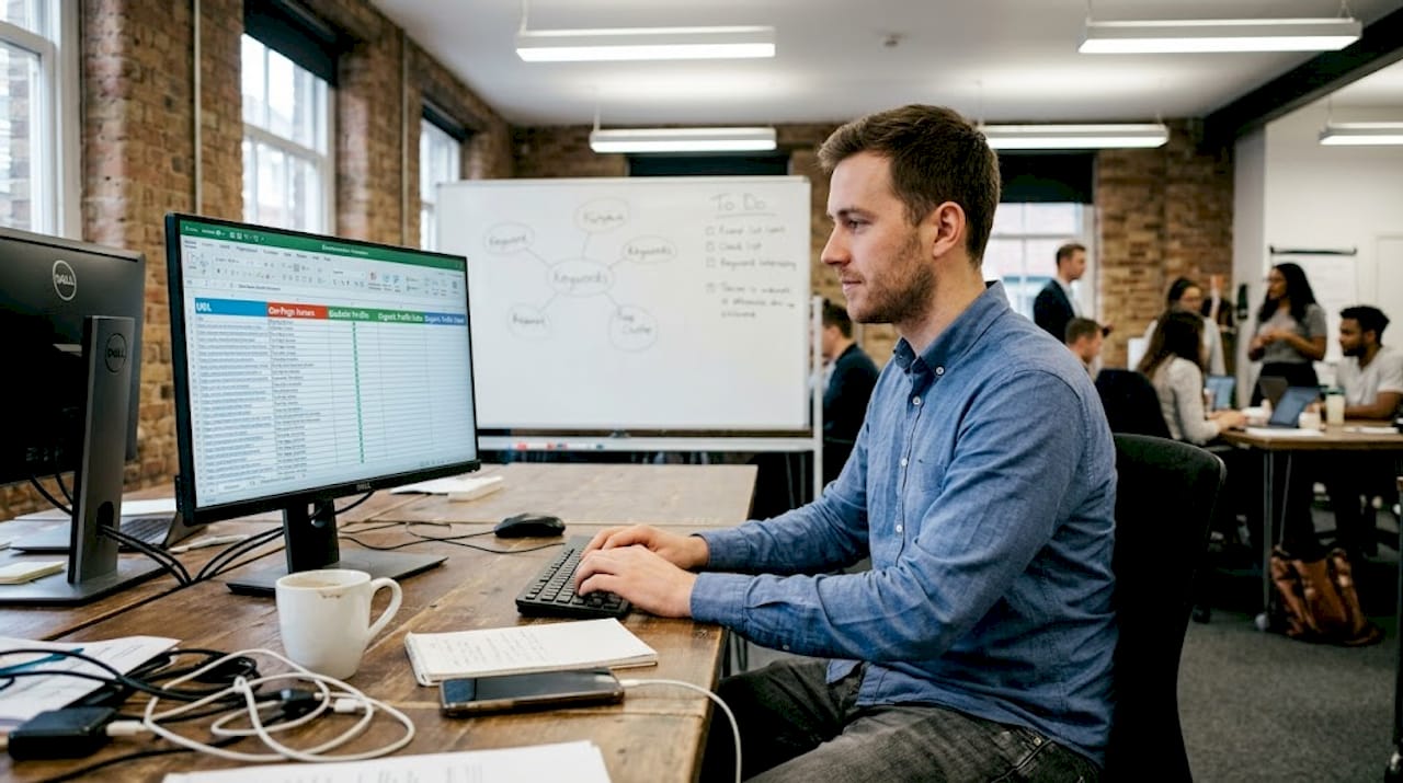 SEO consultant works on website audit in office