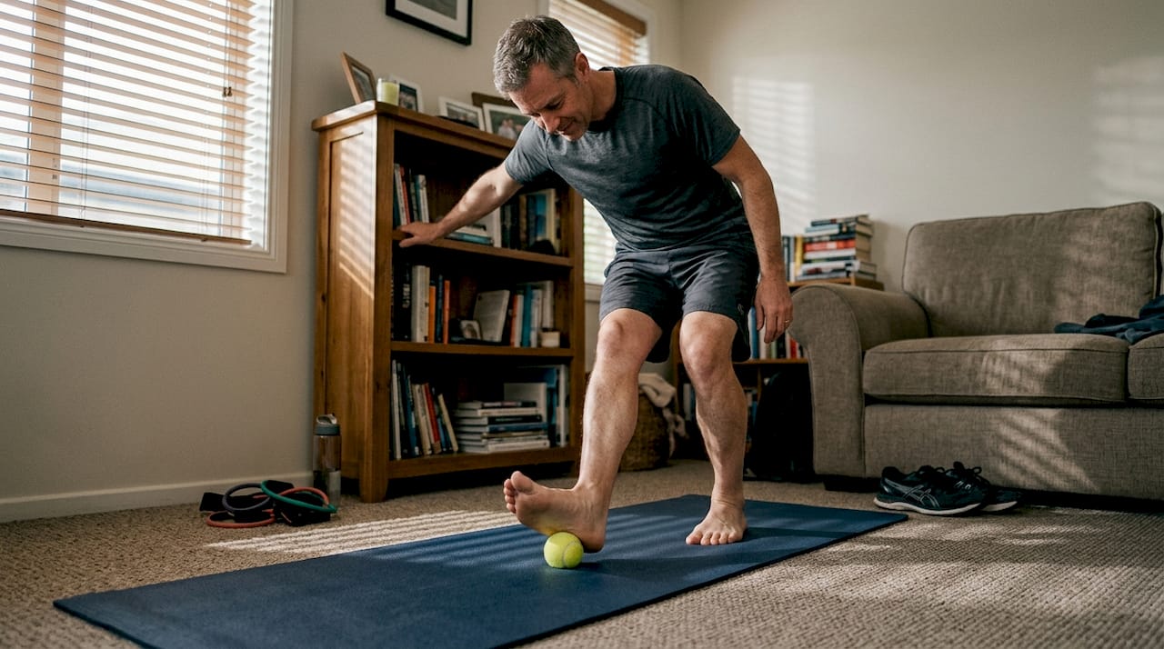 Man doing foot exercise on yoga mat