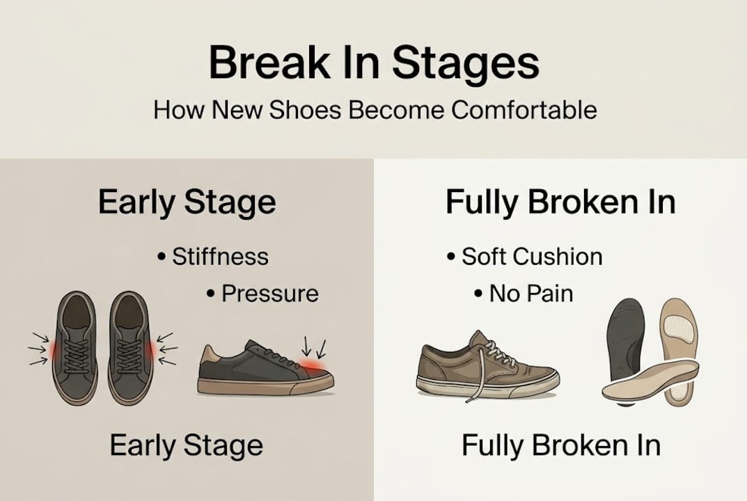 Infographic showing new shoe break-in stages