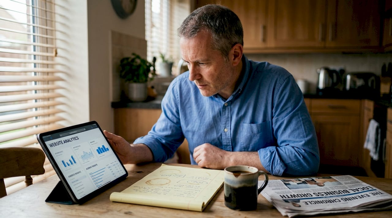 SME owner researching market data at kitchen table