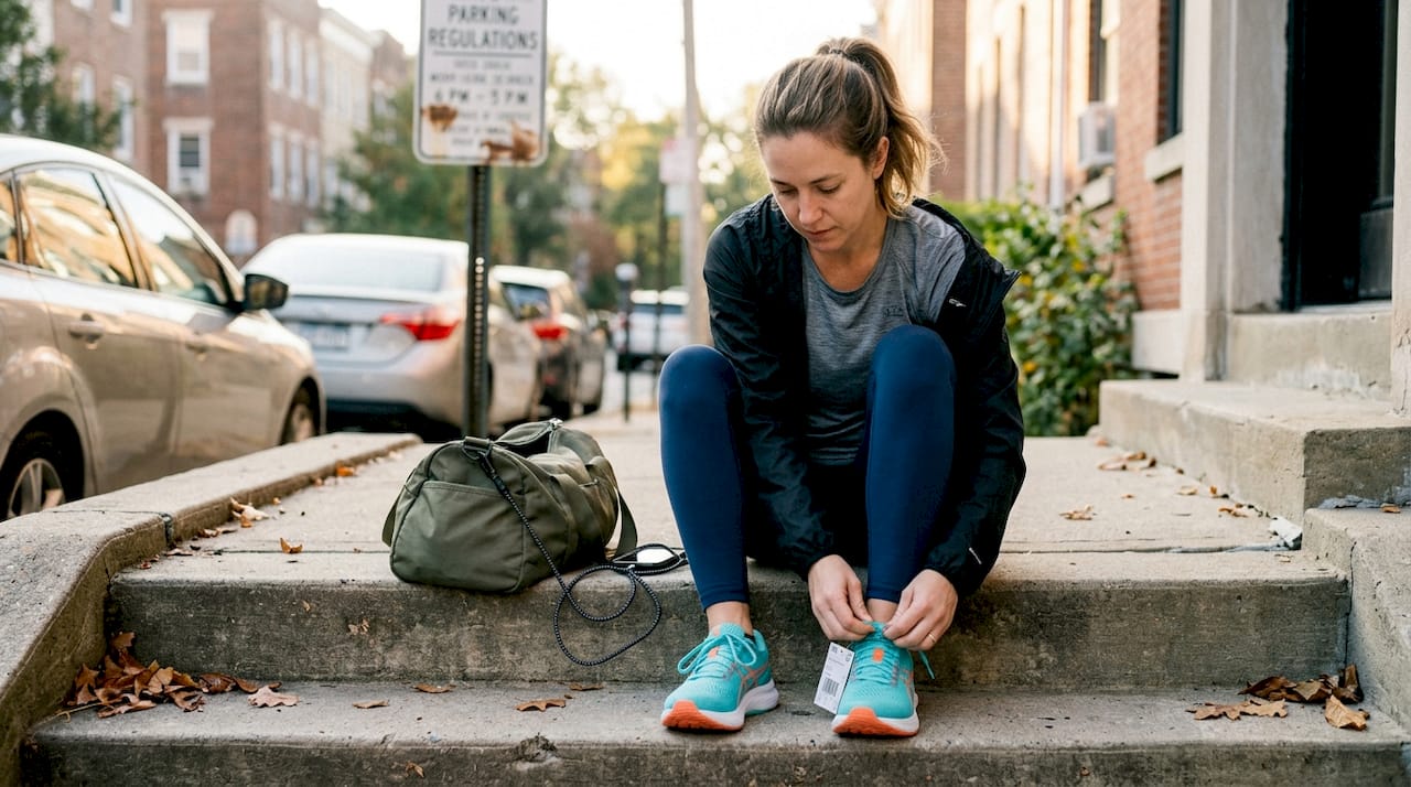 Jogger tying new shoes on steps