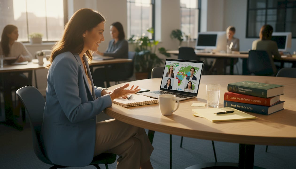 Team collaborating on global compliance strategy