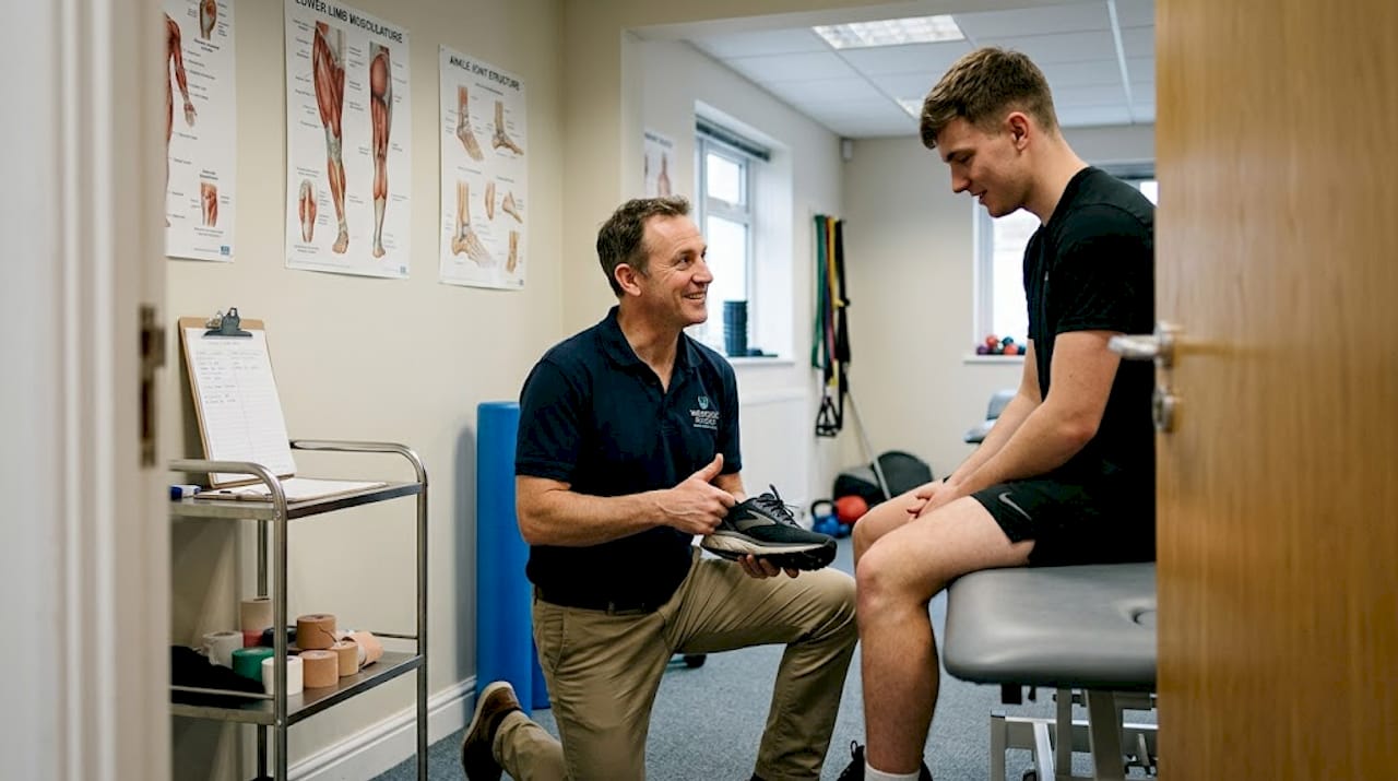 Physiotherapist demonstrates shoe cushioning at clinic