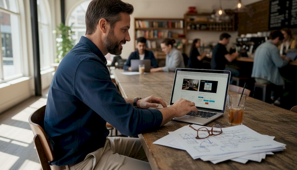 Professional reviews homepage layouts on laptop