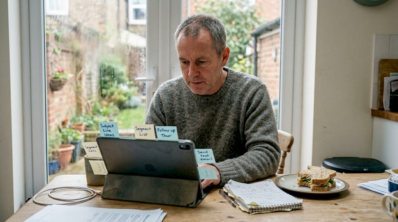 Small business owner reviews email marketing campaign
