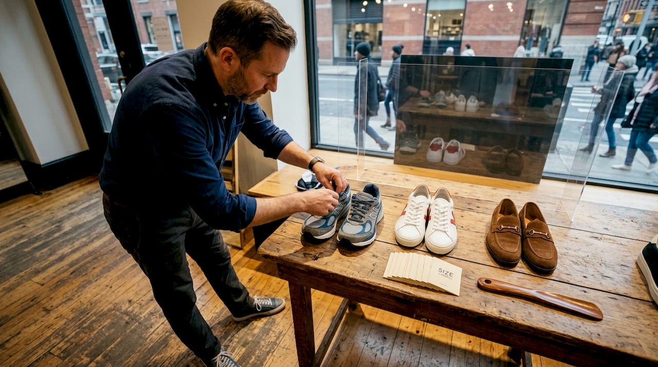 Store display comparing three shoe types