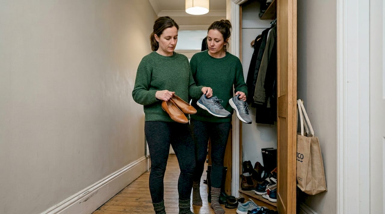 Woman choosing supportive shoes in hallway
