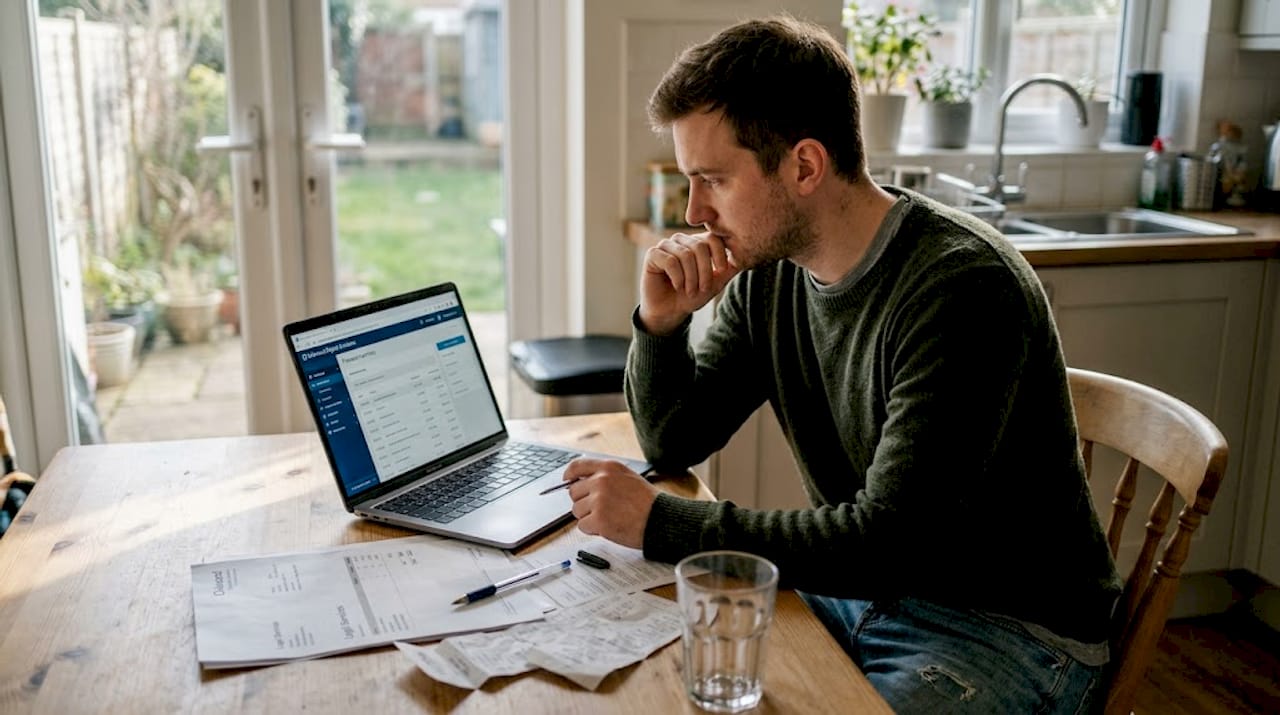 Entrepreneur sorting business paperwork at kitchen table