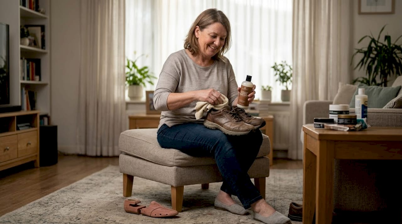 Adult applying conditioner to leather shoes