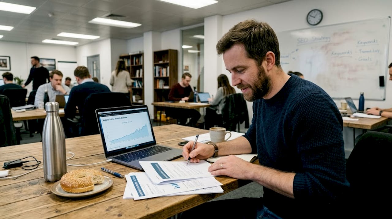 Digital strategist reviews SEO report at coworking desk