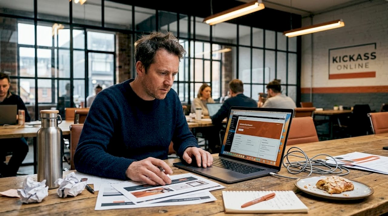 Entrepreneur updating website in coworking space