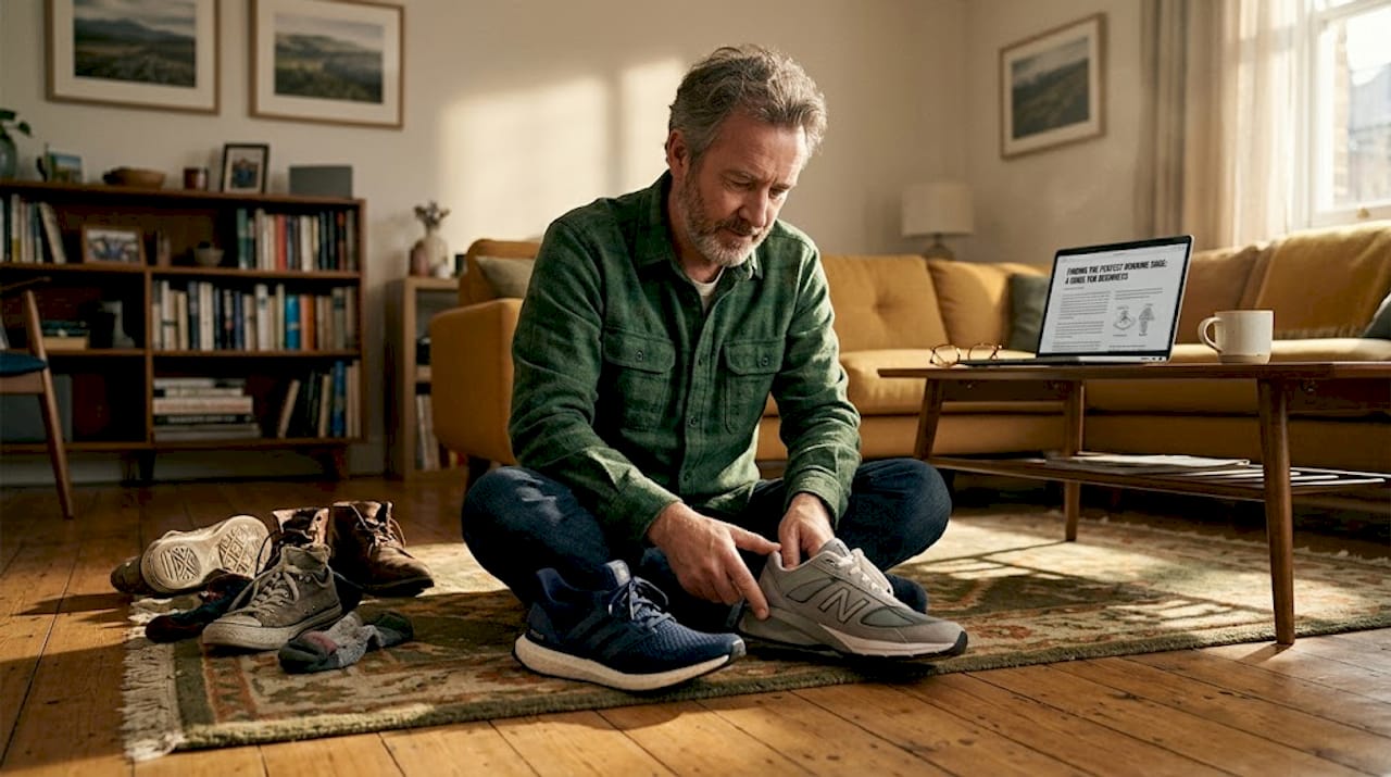 Man testing midsoles on two sneakers at home