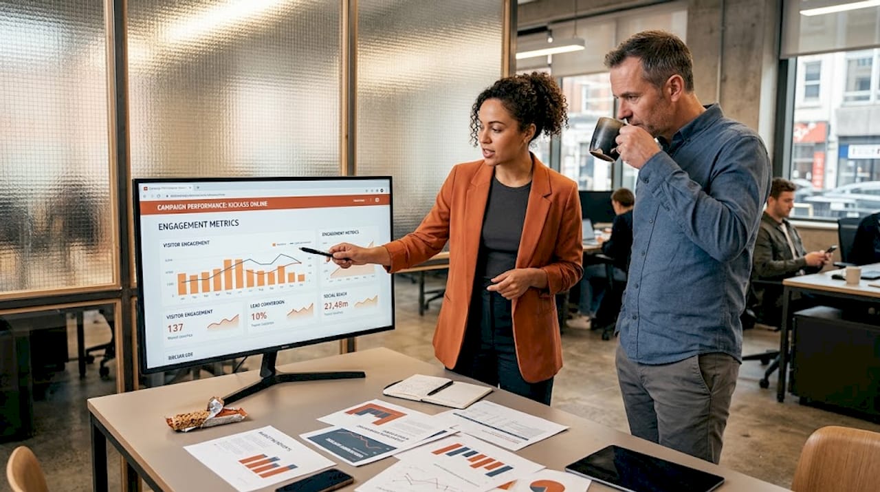 Colleagues analyzing web engagement dashboard