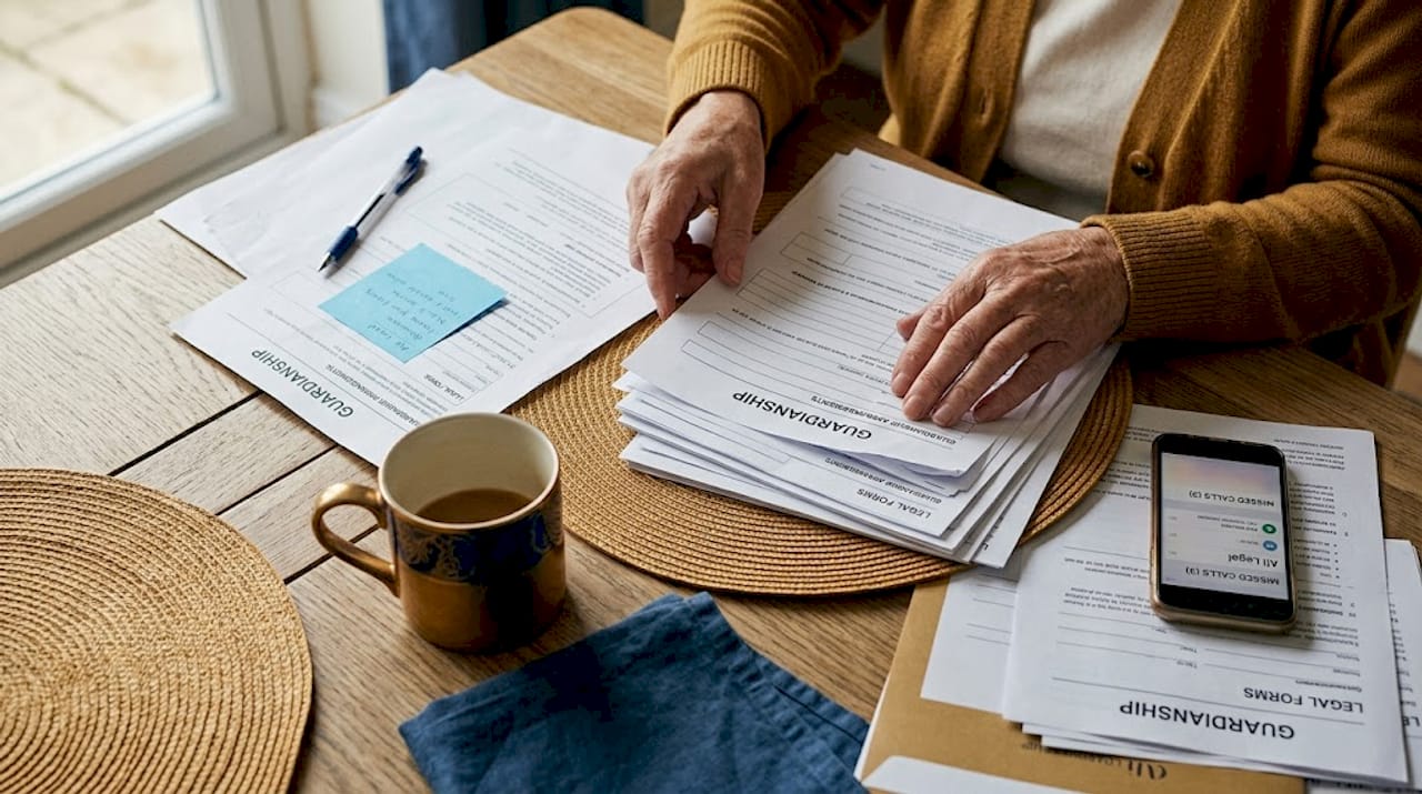 Elderly hands sorting guardianship paperwork at table