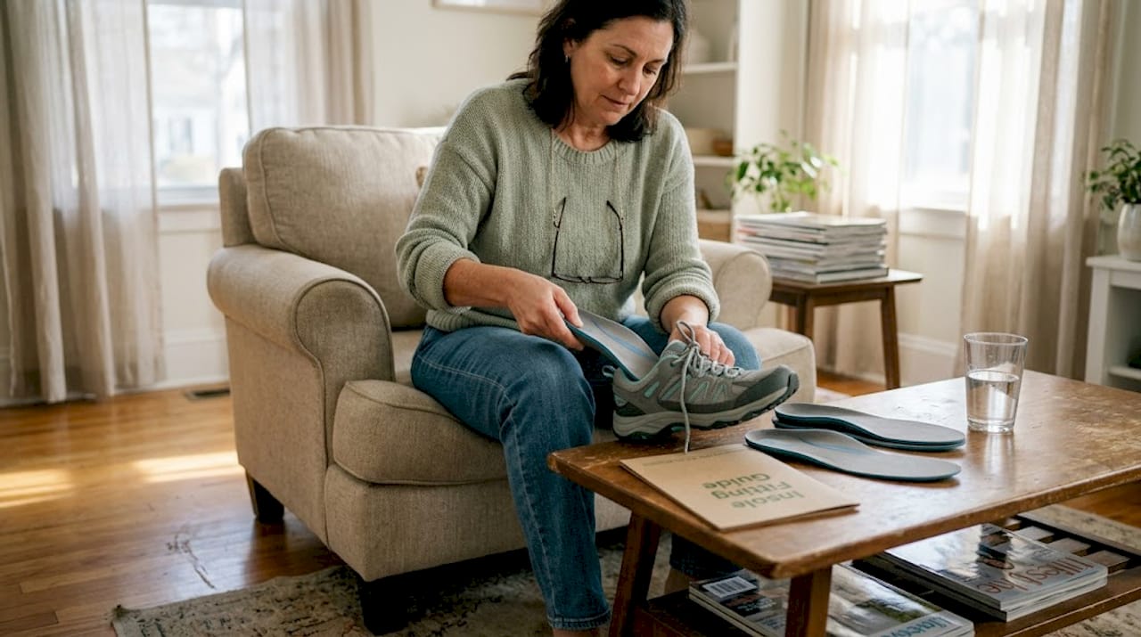Woman adding arch support insole at home