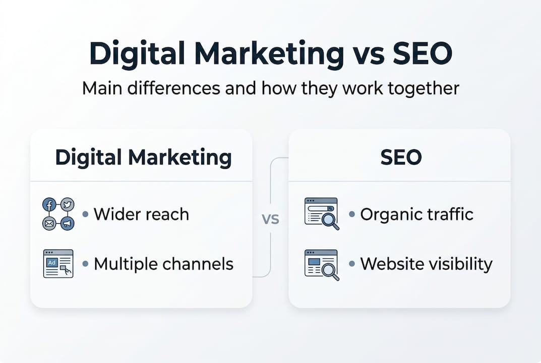 Infographic comparing digital marketing and SEO