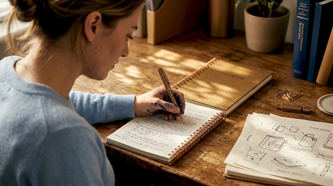 Entrepreneur writing intellectual property log notes