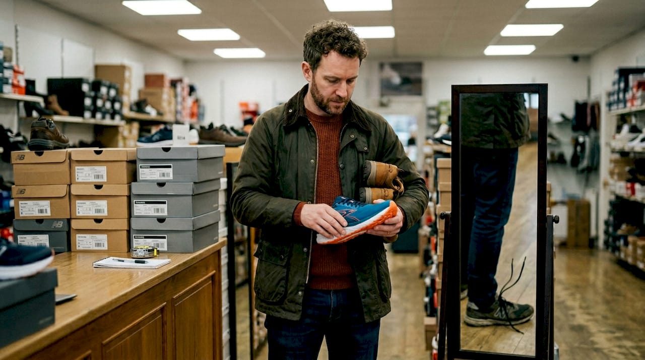 Man tests running shoe cushioning in shoe store