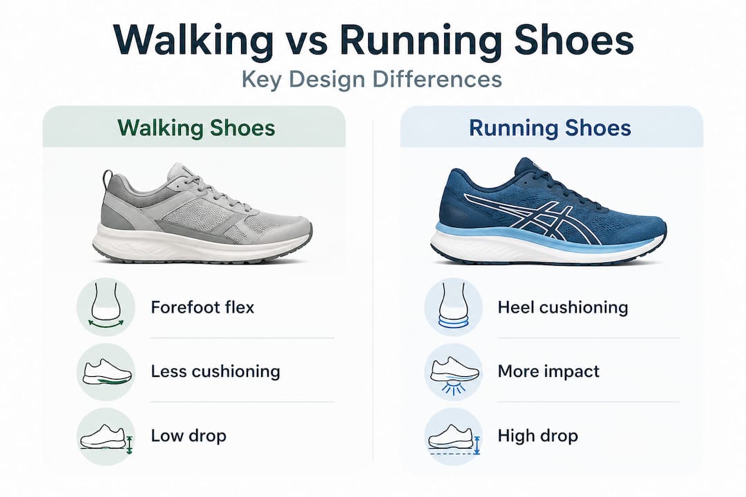 Walking and running shoes key differences infographic