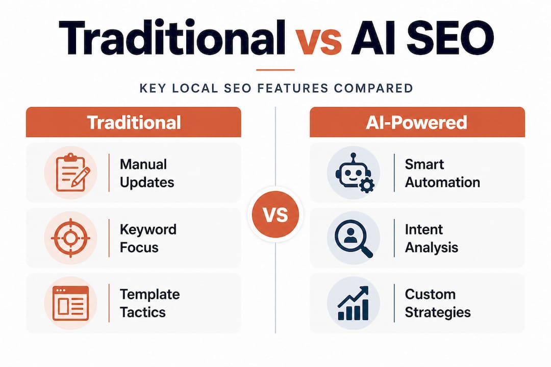 Infographic comparing traditional and AI-powered local SEO