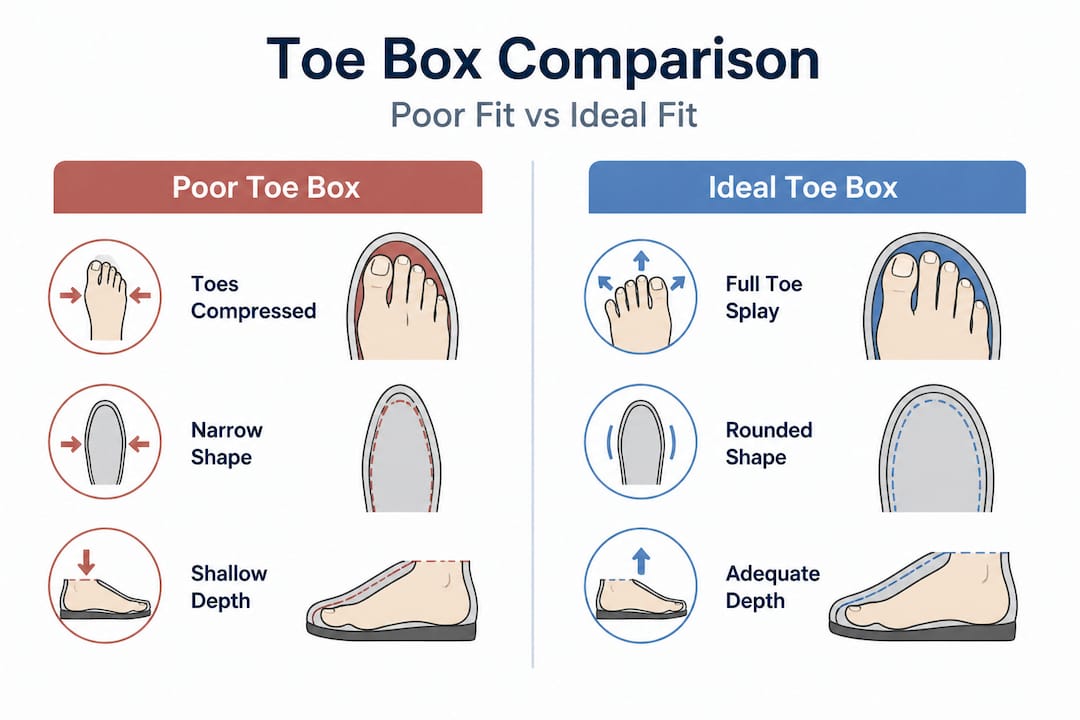 Infographic comparing poor and ideal toe boxes